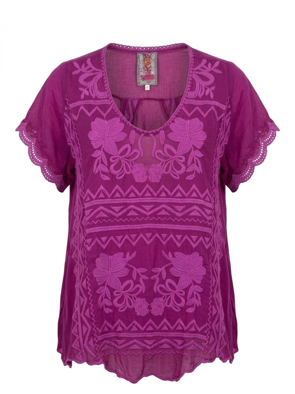 Johnny Was Embroidered Floral V-Neck Tunic in Magenta